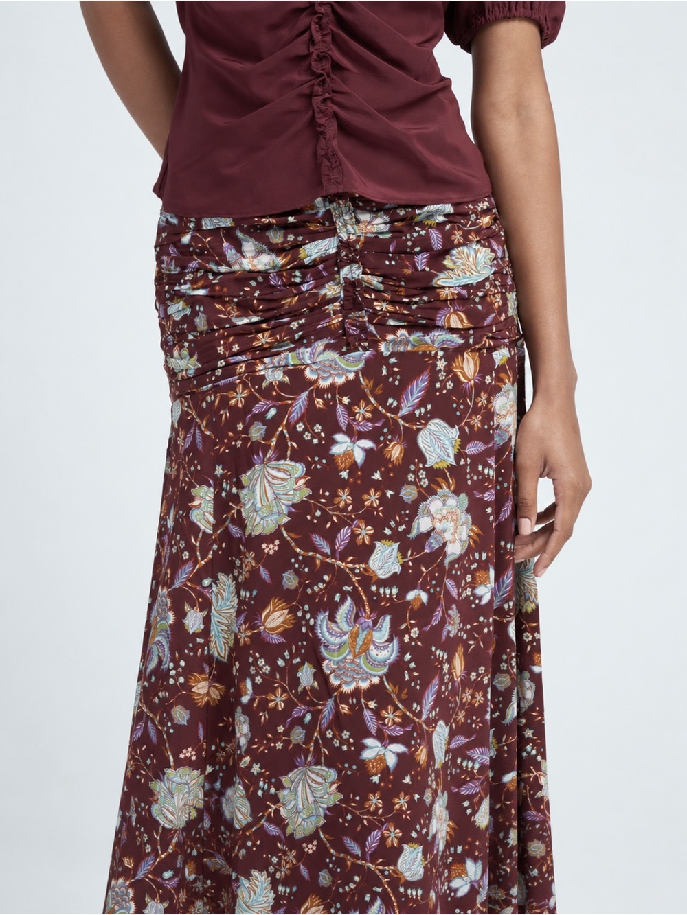 Ulla Johnson Imani Heliotrope Floral Ruched Silk Midi Skirt Size 10 - Picture 4 of 13